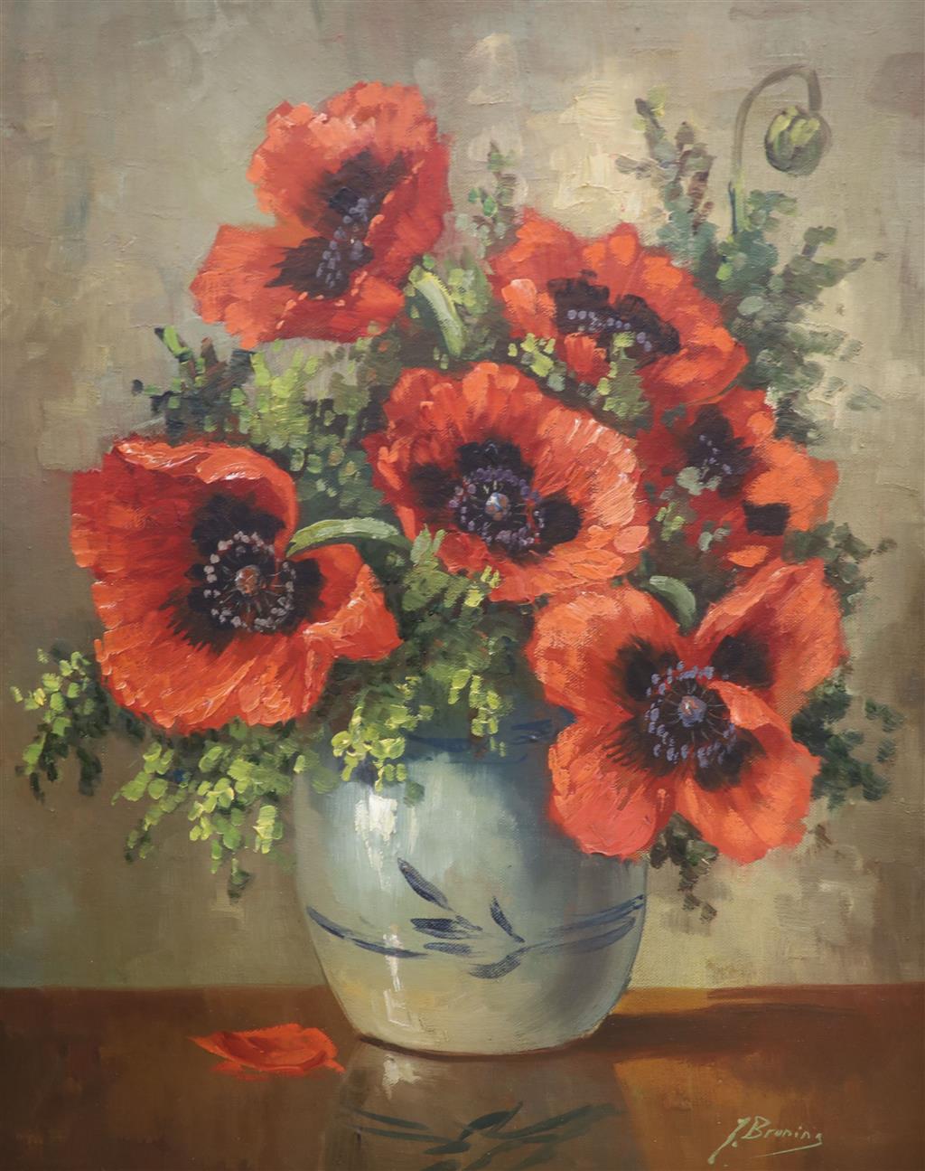 J. Brunina, oil on canvas, Still life of poppies in a vase, 49 x 40cm